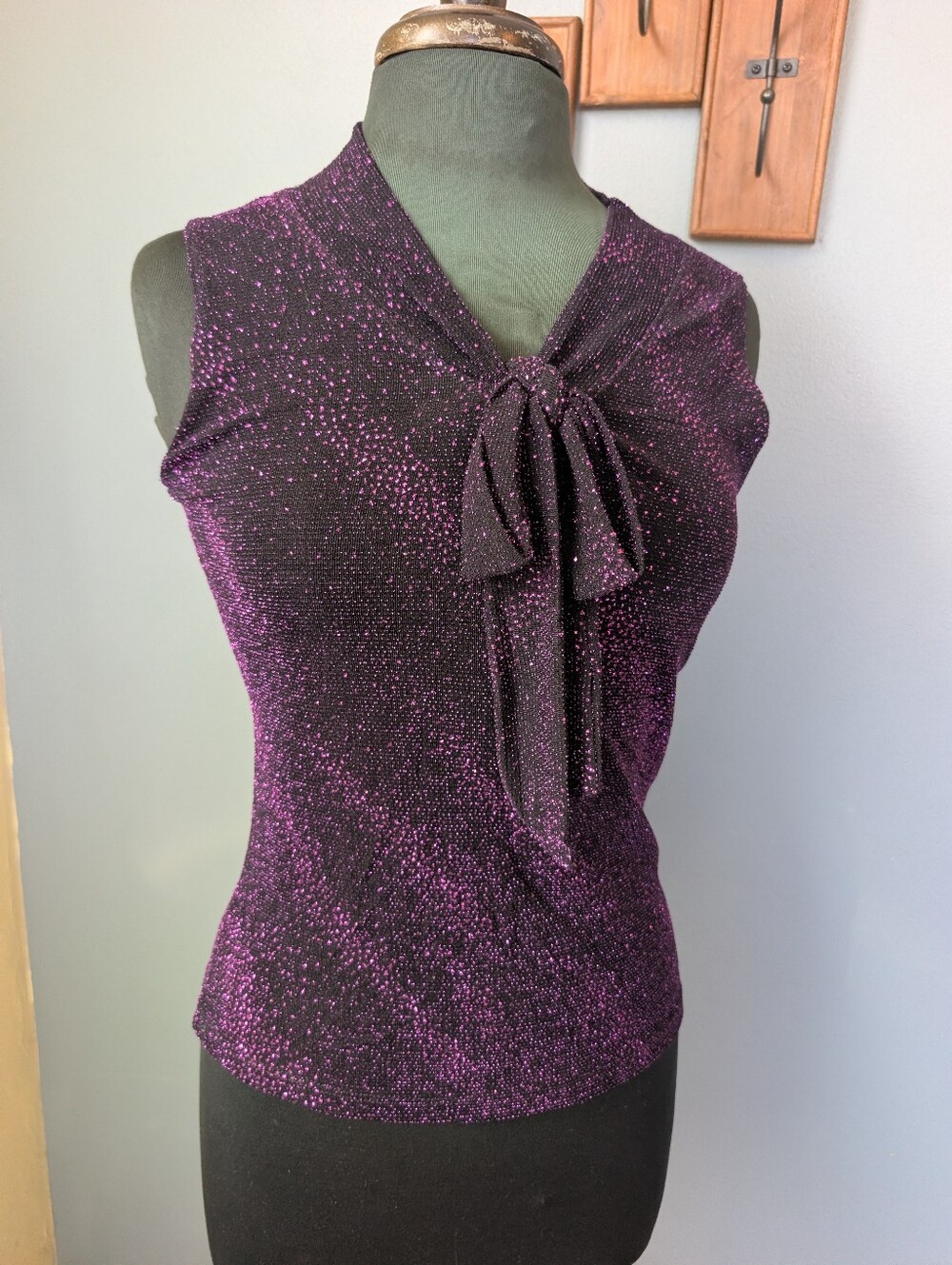 Sleeveless Purple Metallic Tie-Neck Top